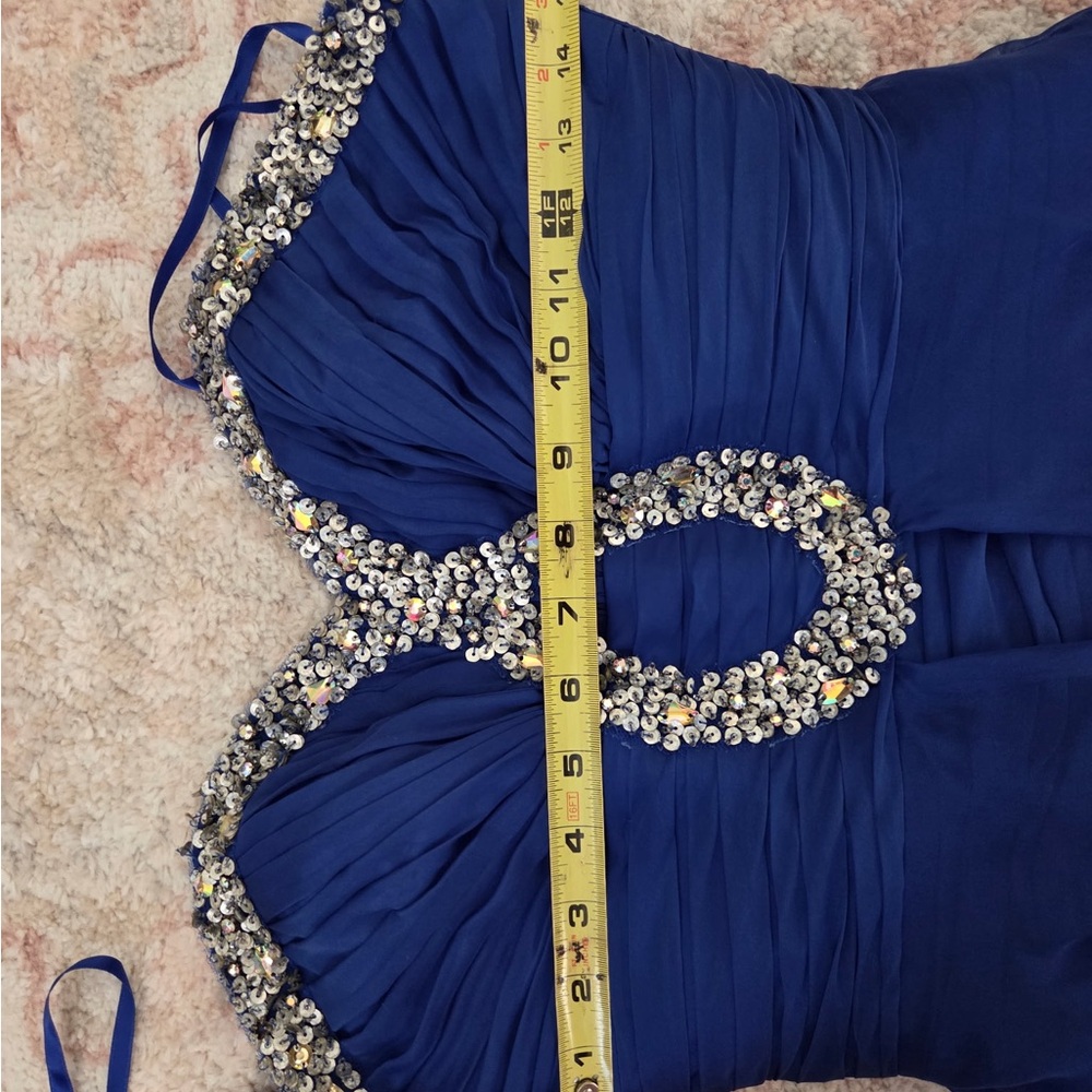 Strapless Royal Blue Evening High-Low Dress with Embellished Bodice - Picture 8 of 10